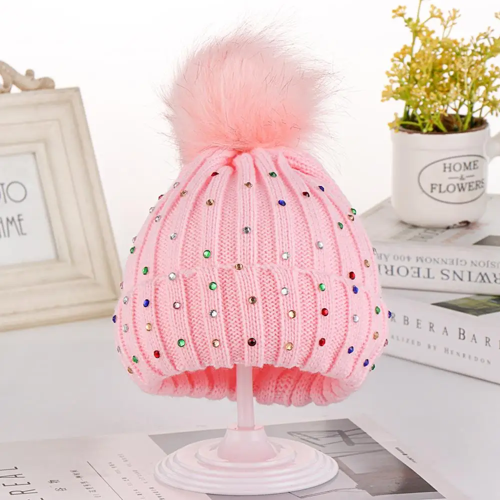 Europe autumn and winter color diamond wool knit children hat earmuffs cap wholesale cute warm color rhinestone kids knit hats