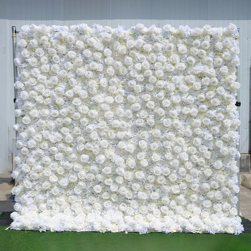 3D White Roll Up Flower Wall Wedding Stage Backdrop Artificial Silk Rose Floral Panel Birthday Party Bridal Shower Decoration