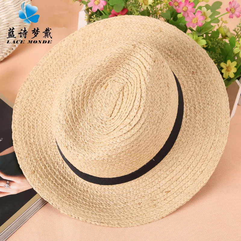  Raffia straw female summer sunscreen sun decoration Panama hat simple Japanese beach flat top sunshade