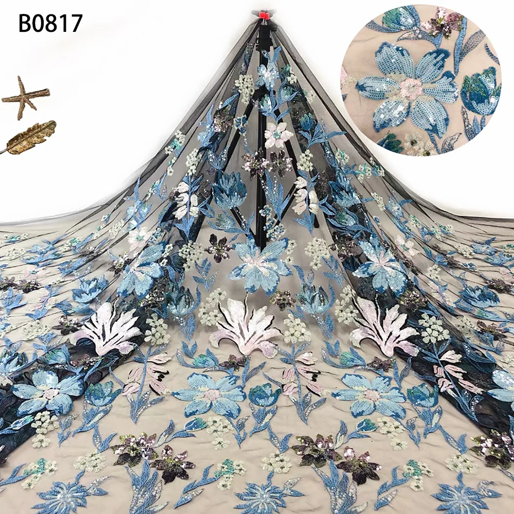 Factory wholesale beautiful flower sequin tulle textile fabric embroidery net lace for dress