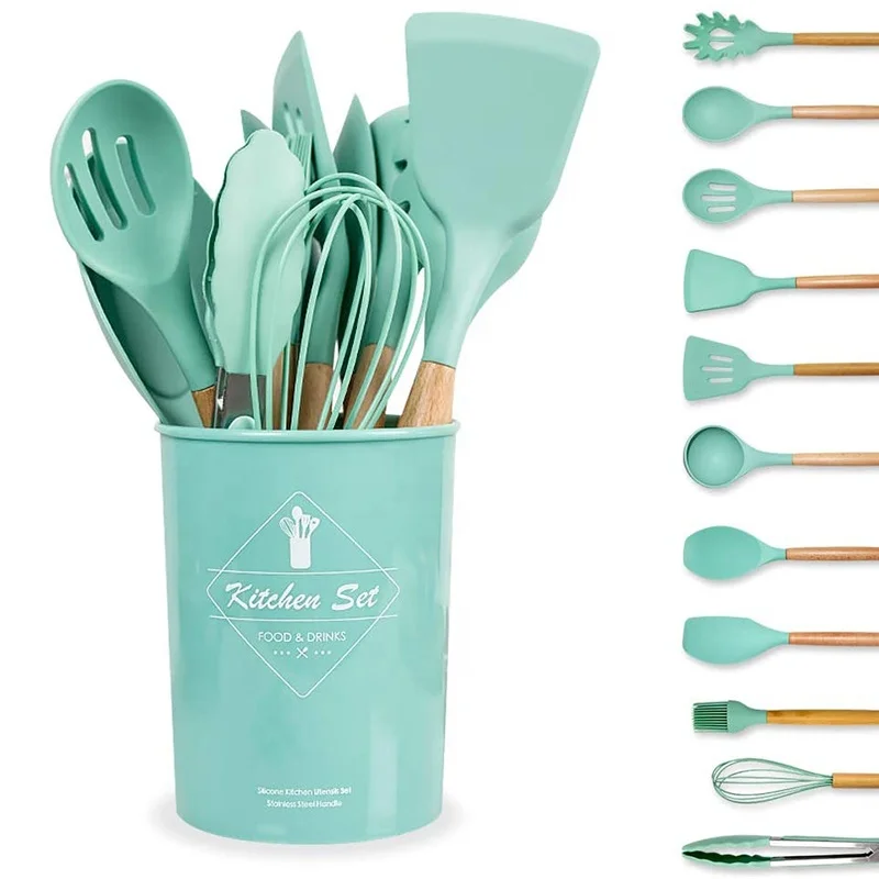 IN STOCK Silicone Gadget Tong Utensils Holder Kitchen Accessories 12 Pcs Green Kitchen Utensil Set