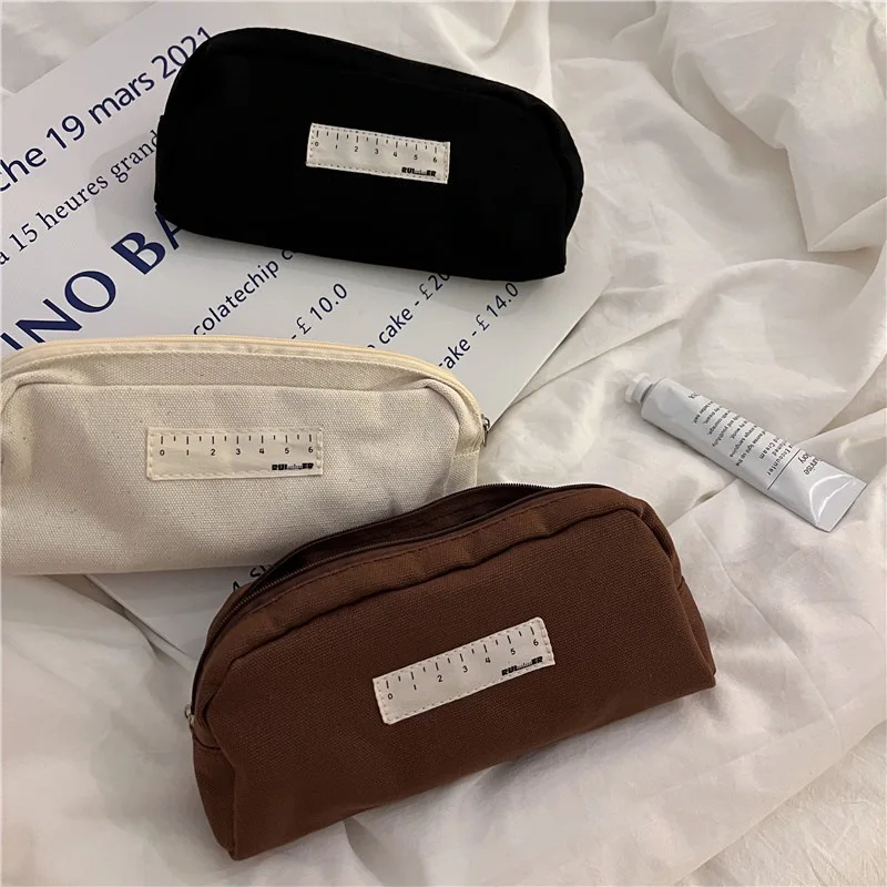 Simple Casual Ruler Solid Color Pen Bag Kids School Pencil Bag Wholesale Gift Cheap Small Students Canvas Stationery Storage Bag