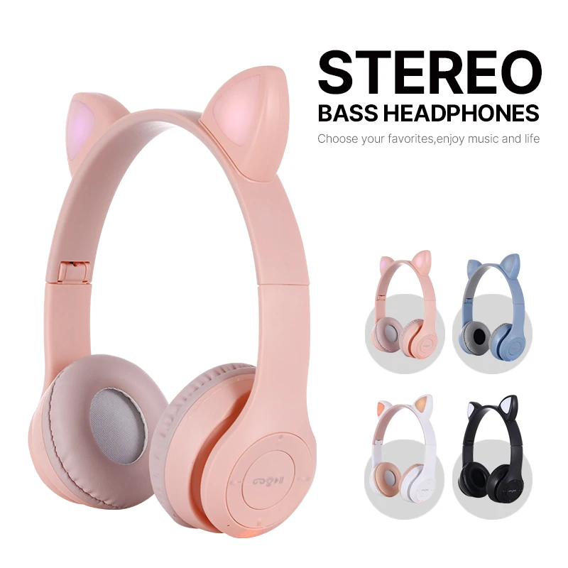 Flash Light BT Cute Cat Ear Blue tooth Headphones Wireless with Mic Stereo Foldable Kids Music Earphones Headset For Gift