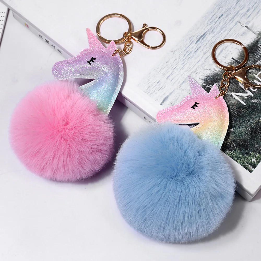 Mini Cartoon Cute Colorful Leather Fur Ball Horse Unicorn Plush Keychain Accessory Charm Keychain