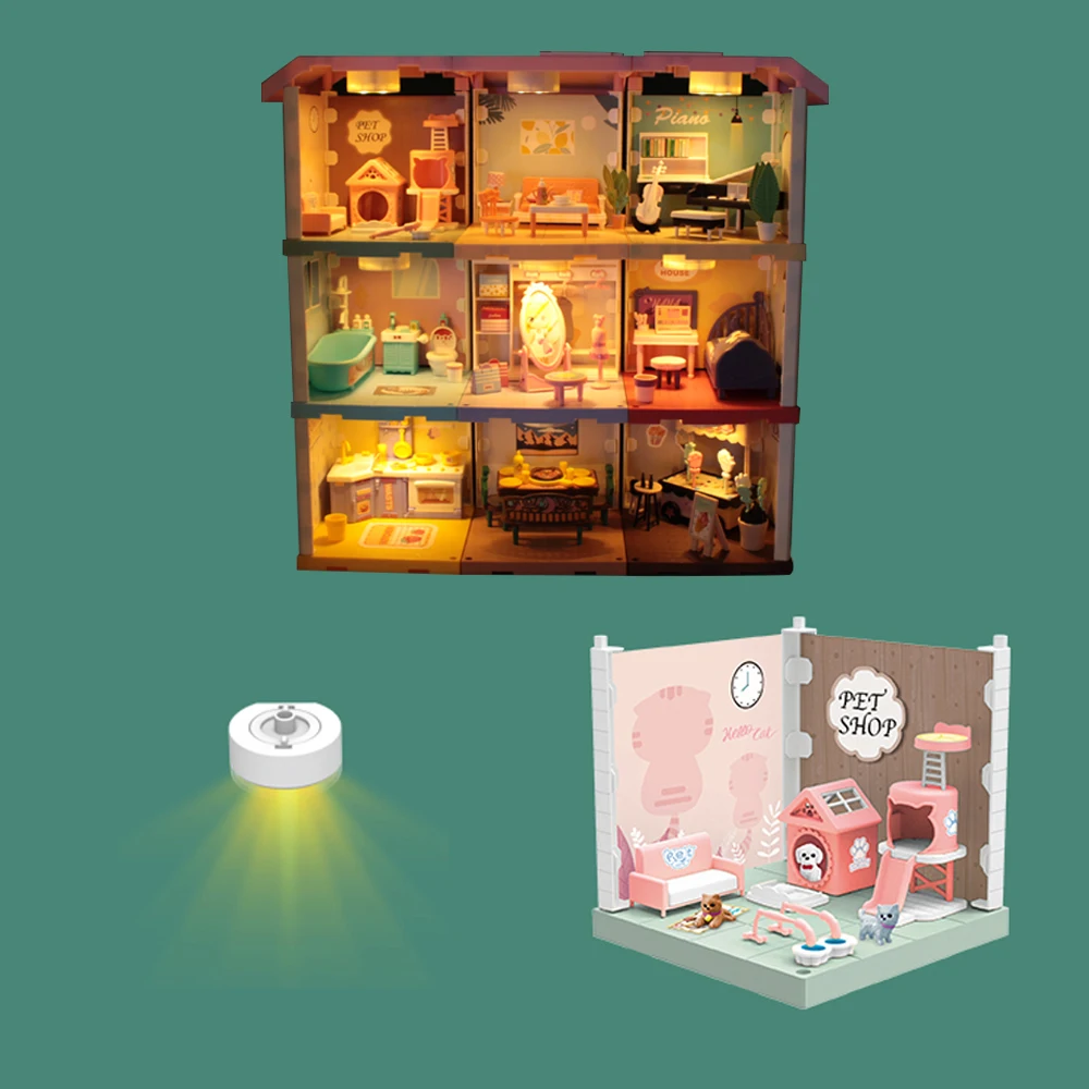 Kids Handmade Mini Dollhouse Scene Toys Paper DIY Doll Houses With Light-up Pet Store Accessories Dog