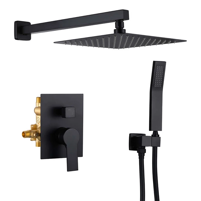 2024 Hot Black Bathroom Brass Shower Mixer Wall Mounted Rain Concealed Square Set Hot & Cold Water without Slide Bar