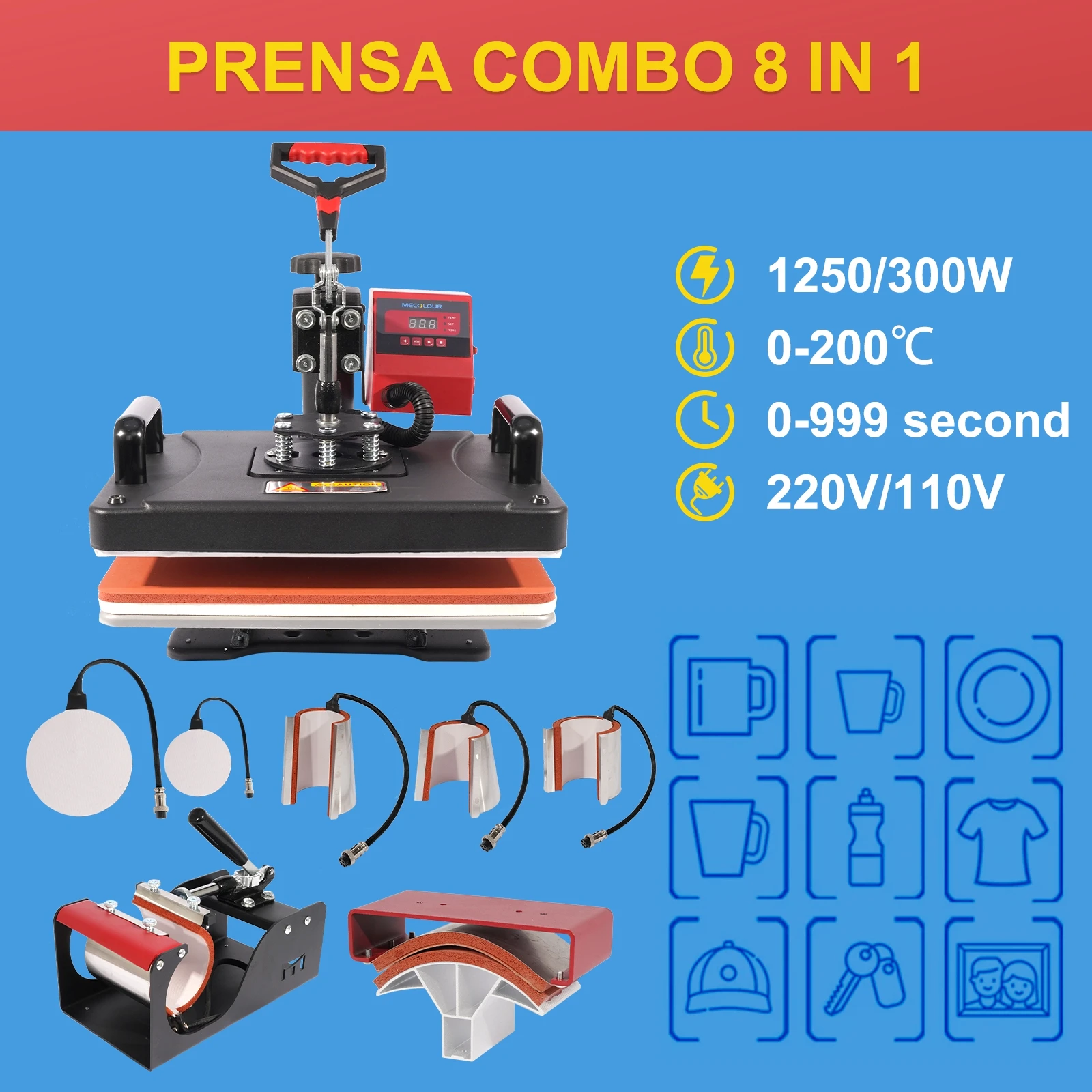 New Red 8 in 1 Combo Heat Press Machine Magic Mug Sublimation T-Shirt Printing