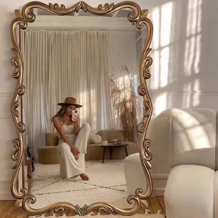 French Vintage European Style Fitting Mirror Full Body Dressing Mirror Arched Carved Home Bedroom Wall Mounted Floor Mirror