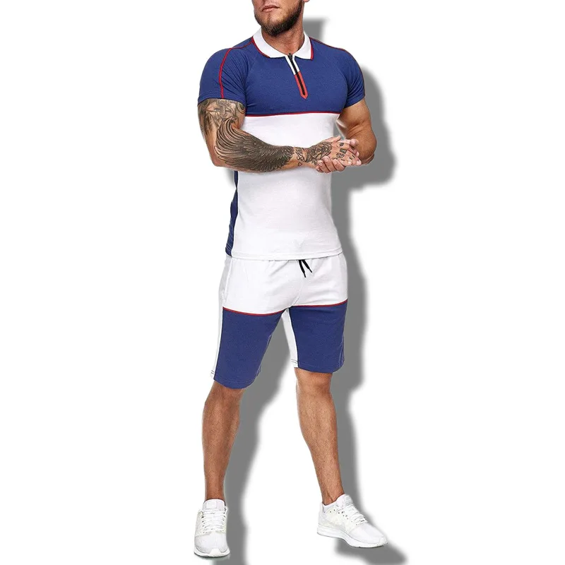 Hellosport Summer Plus Size Streetwear Patchwork Short Joggers Tracksuit Suits Two Piece Shirt And Shorts Sets For Men