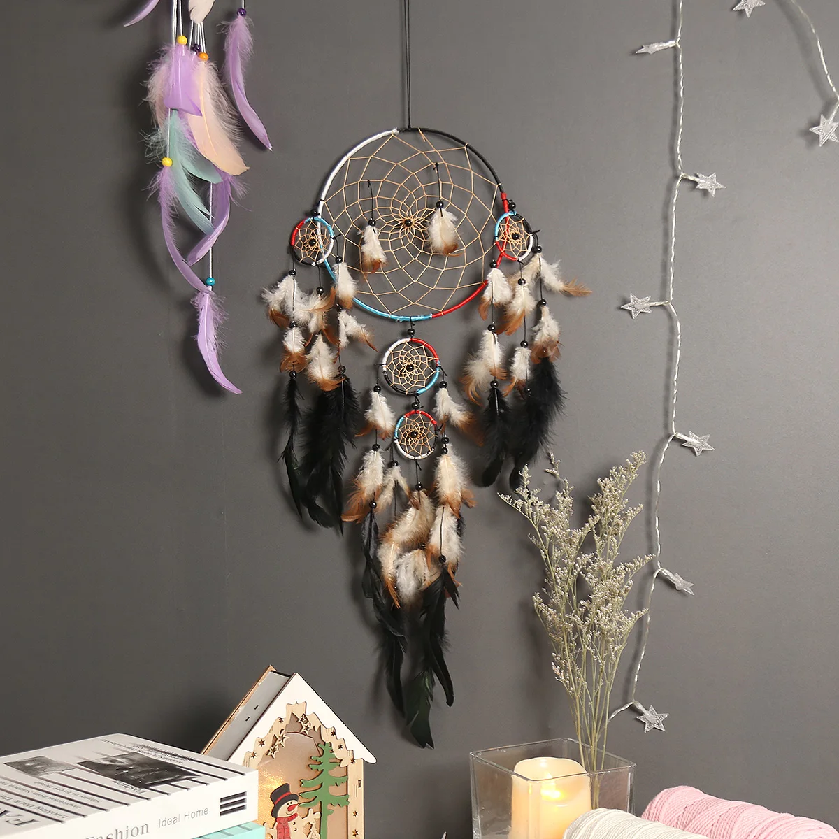 Custom Wall Hangind Decor Natural Rooster Feather 5 Iron Rings Handmade for Dream Catcher with Home Decoration and Holiday Gifts