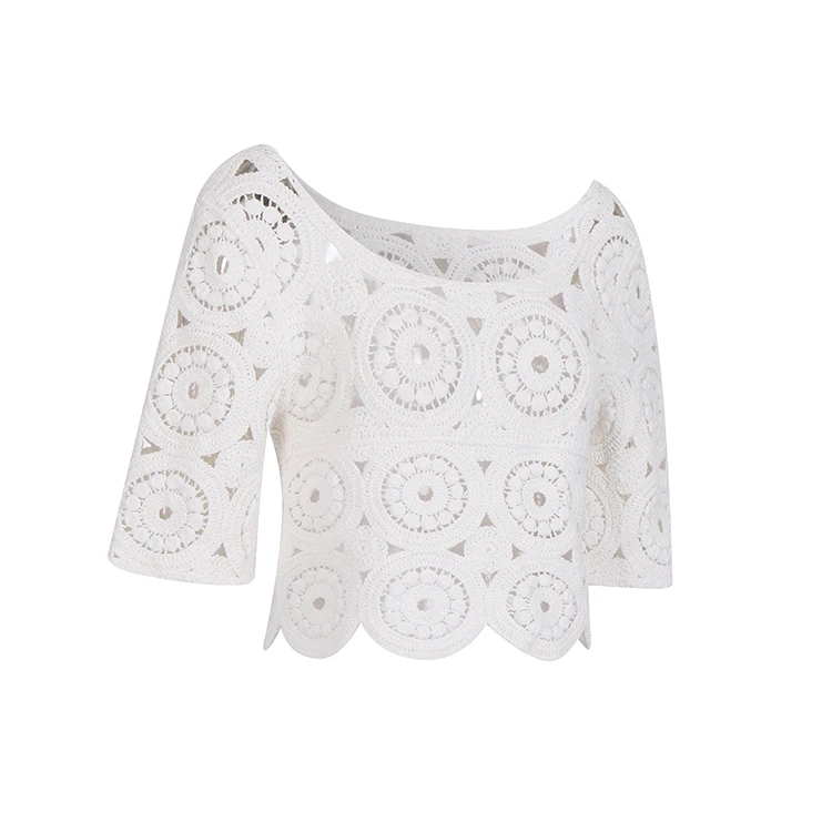 Knitwear manufacturer custom summer white cutout knit short crochet casual top