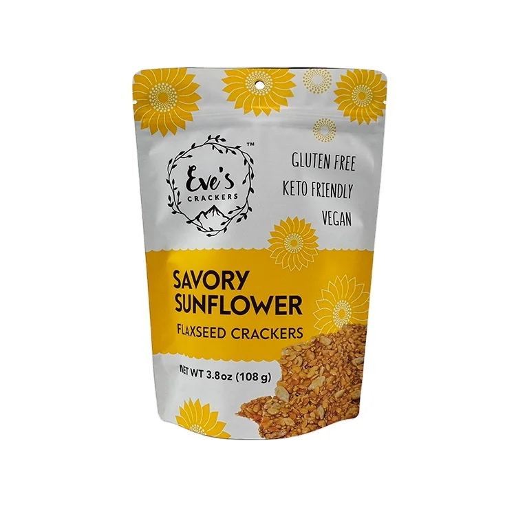 Custom Printed 100g 250g 500g Stand up Pouch Flaxseed Crackers Smell Proof Zipper Food Packaging Bags