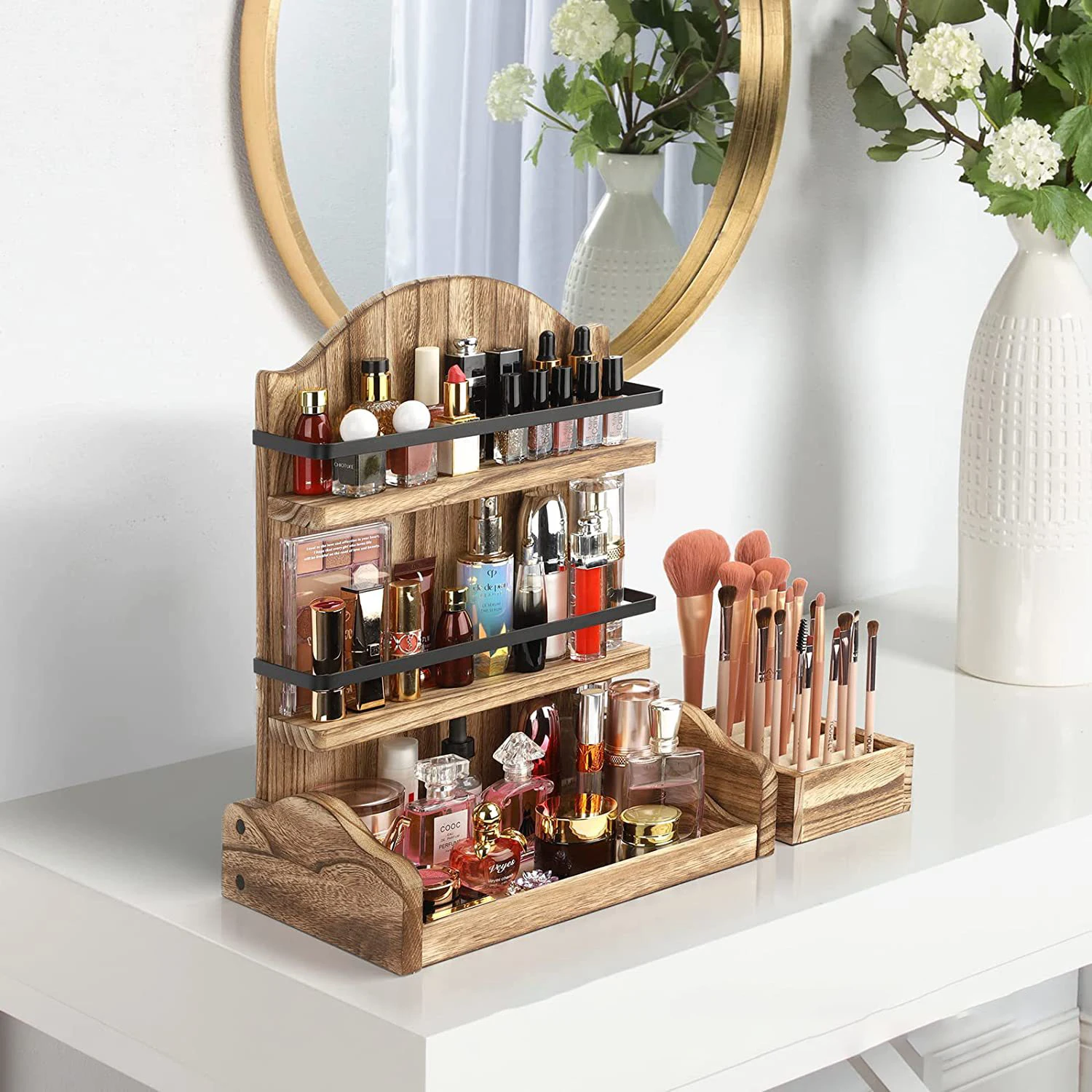 3 Layer Rustic Wooden Desk Makeup Organizer Cosmetic Organizer Storage Box