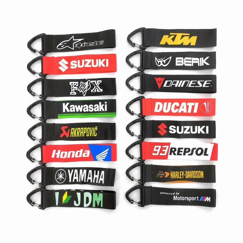 Custom Logo Brand Woven Embroidery Key Tag Customized Fabric Car Motorcycle Lanyard Keychain Strap