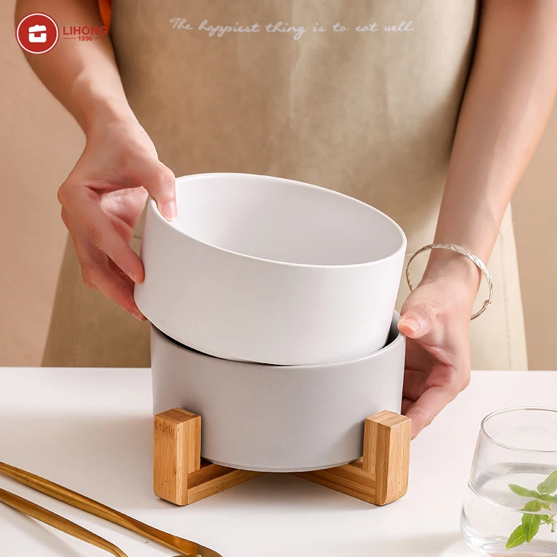 LIHONG Nordic Ceramic Pet Cat Dog Bowl Stand and Dual-purpose Mankind Gourmet Bowl Food Bowls Rice Water