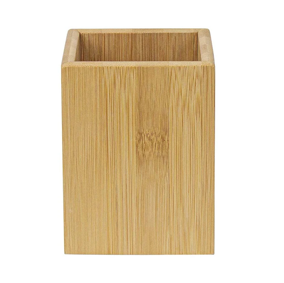 Custom office square wooden bamboo pen storage holder pencil organizer pen stand container