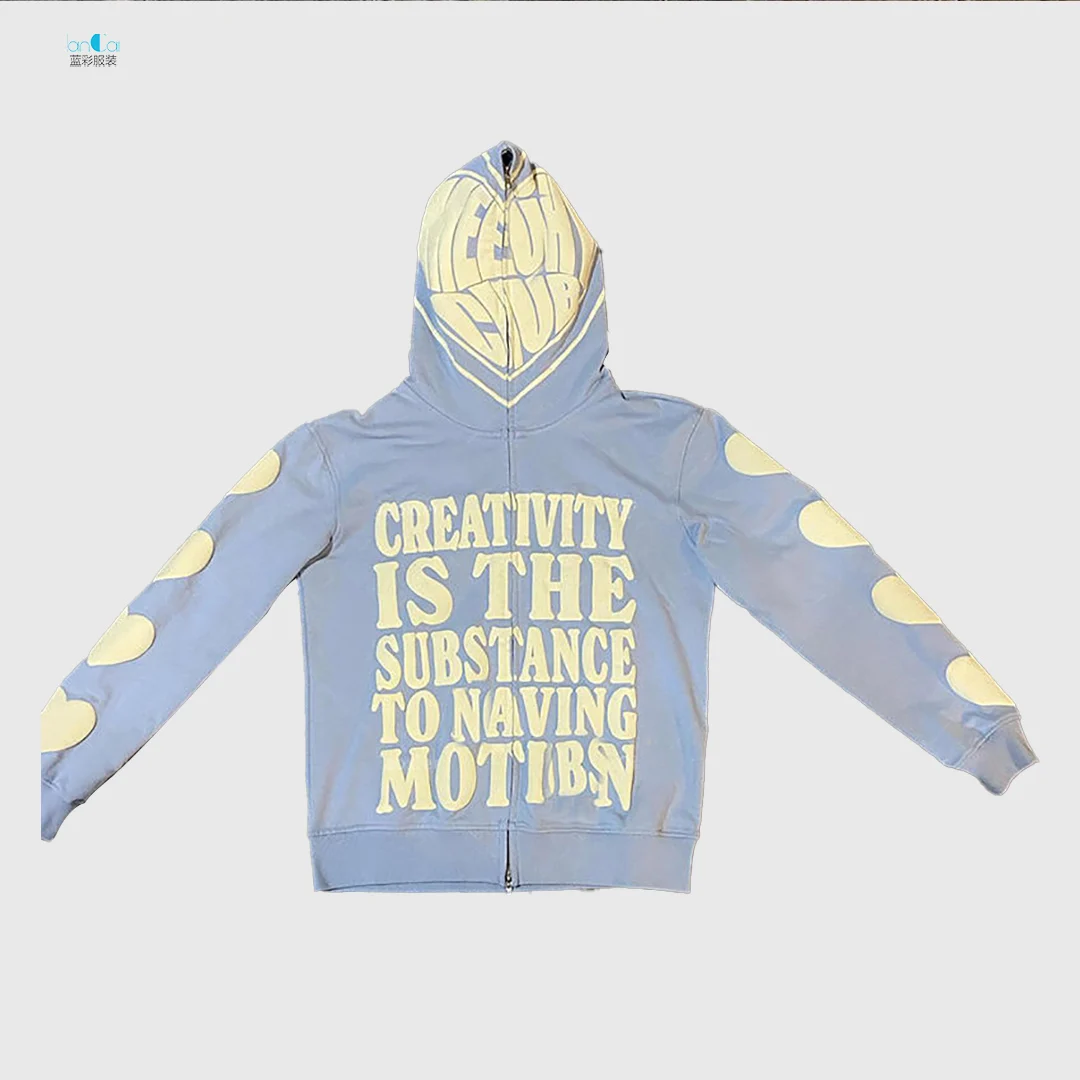 Blank Unisex Cut And Sew Streetwear  Hoodie Jacket Full Face Rhinestone Screen Design Custom Puff Printing  Full Zip Up Hoodie