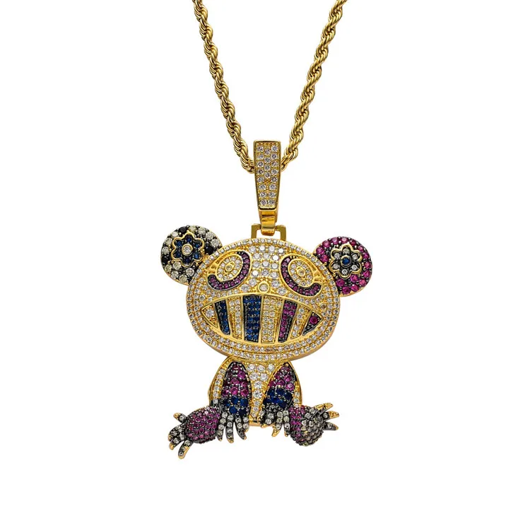 
Hiphop Jewelry Rock Style Brass CZ Colorful Frog Pendants With Cubic Zirconia Rope Chain Animal bling Necklace Men And Women 
