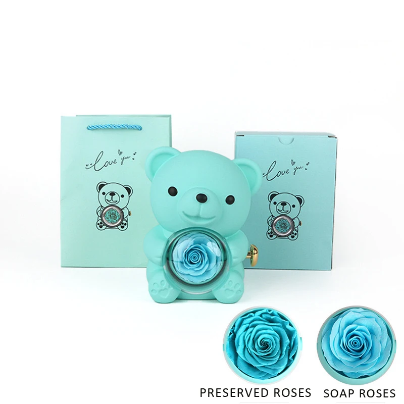2024 New Eternal Real Rose Box Rotating Teddy Bear Ring Box With Preserved Roses Or Soap Roses For Valentine Day Gifts
