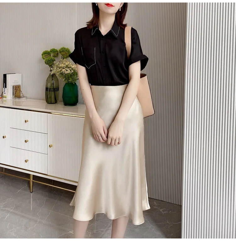 Wholesale French Elegance Girls Latex Green Satin acetate Midi Skirts Stretchy A-line Umbrella Full Flared Skirt For