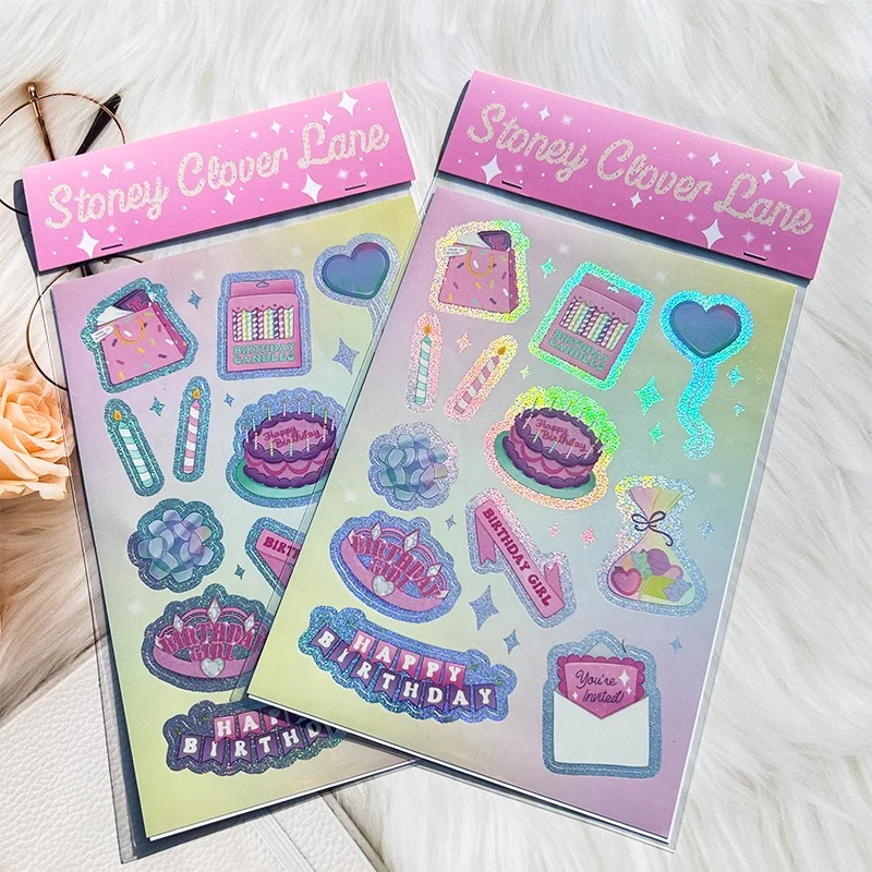 A4 A5 A6 Waterproof Vinyl Transparent Custom Kiss Cut Sticker Sheet Colorful Logo Kawaii Glitter Cartoon Kiss Cut Sticker Sheets
