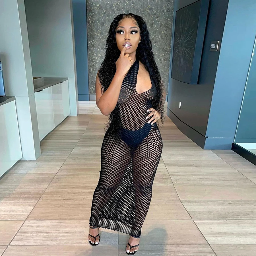 Nibber K21D02436 Slash Neck Solid Black Mesh Fabric Sleeveless Sexy Hollow Ripped Transparent Lady Maxi Dress Women Club Dresses