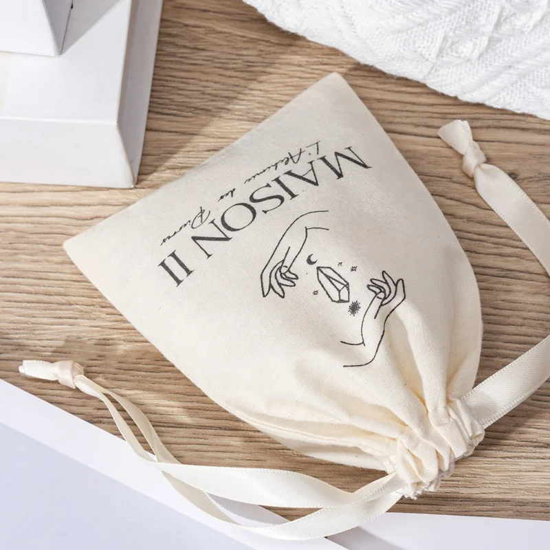 Custom Logo Organic Cotton Canvas Gift Packaging Dust Drawstring Bag