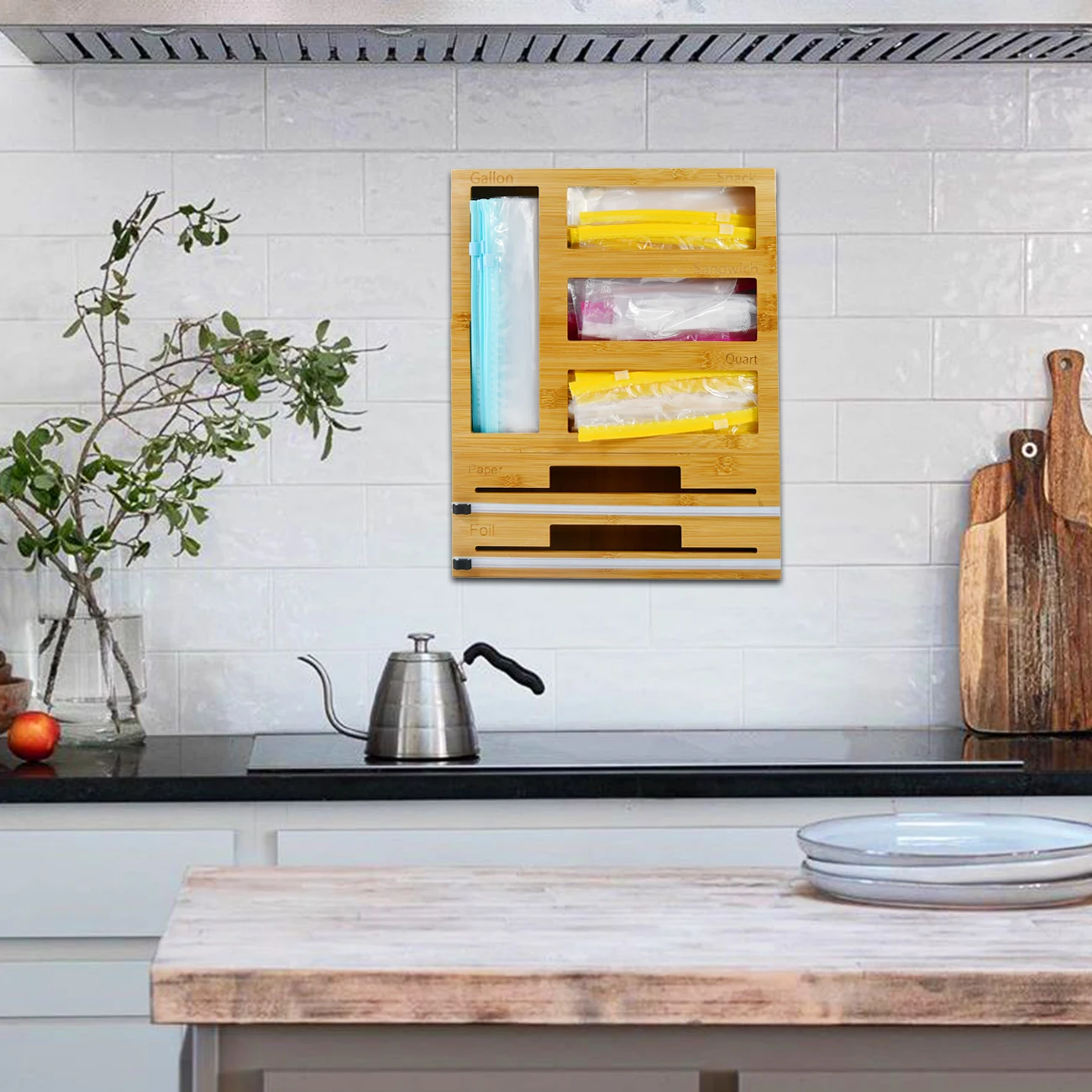 6 in 1 Zip Lock Bag Storage Organizer Box Bamboo Wood Film Wrap Aluminum Foil Dispenser with Cutter Wall Mount