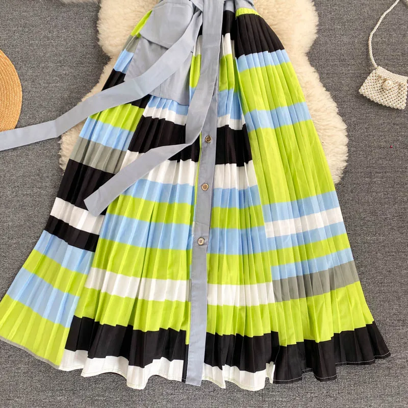 Women Pleated Blouses Dress Korean Sleeveless Single Breasted A-line Dresses Summer Elegant Fashion Streetwear Vestidos