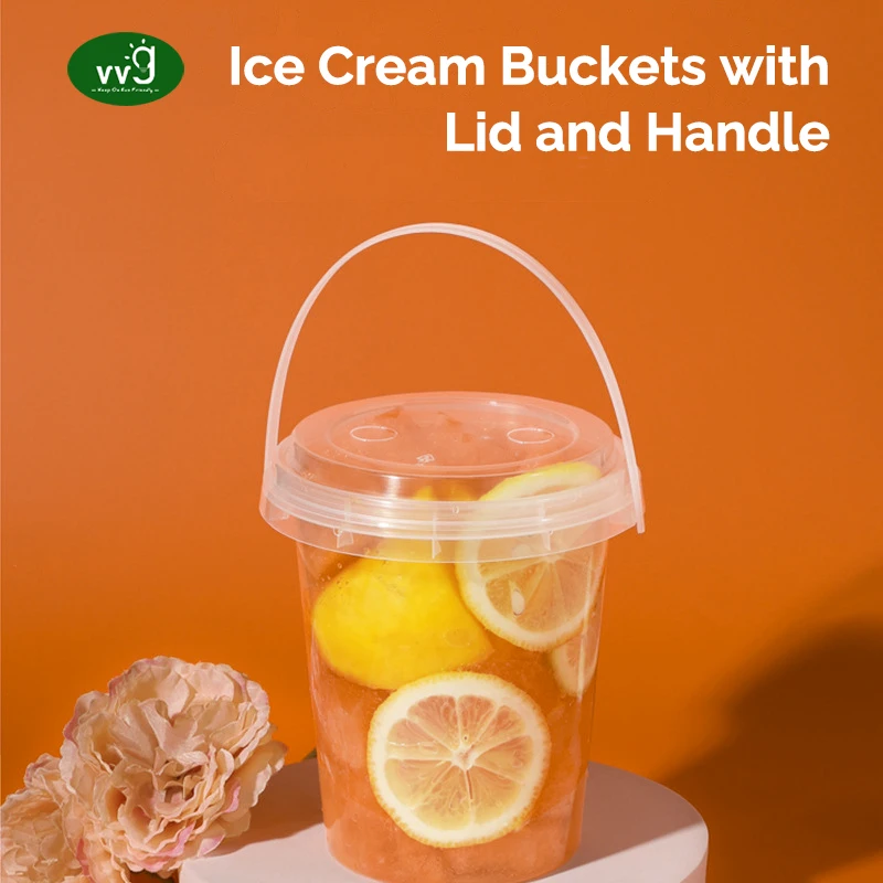 VVG 500ml Round Plastic Pail Container 1 Gallon Clear Reusable Plastic Ice Cream Bucket with Lid and Handle