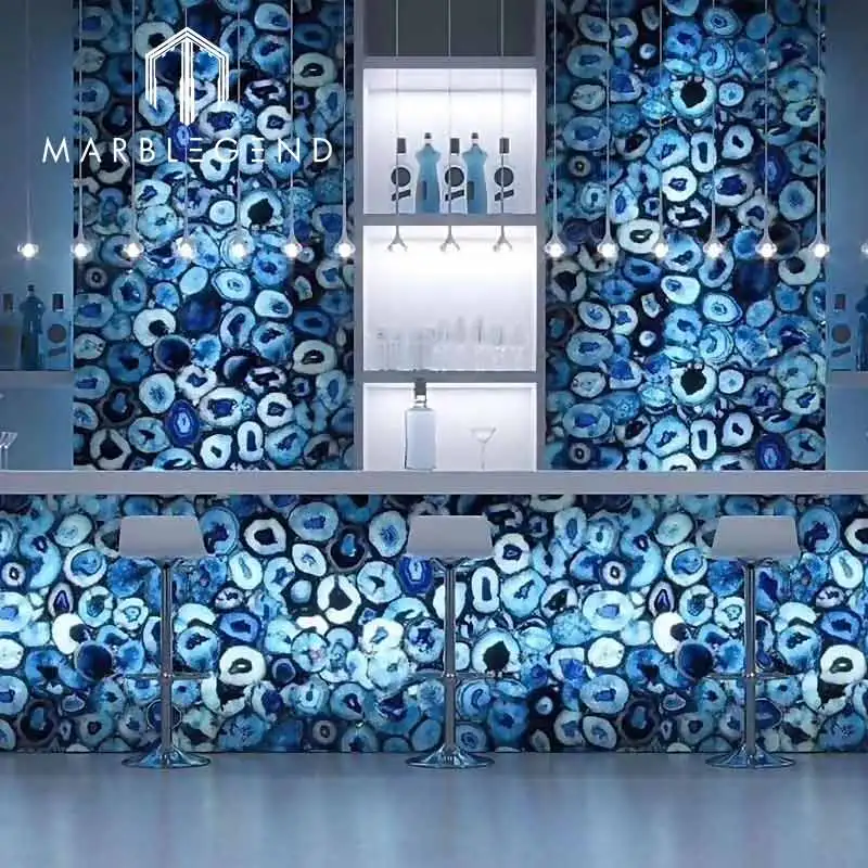 Luxury interior design blue agate crystal slab natural backlit blue agate wall for villa