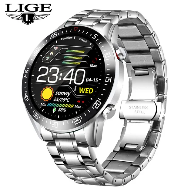 LIGE Digital Luxury Men Smart watches Full Circle Design Touch Screen Display IP68 Waterproof Fitness Sports Watch