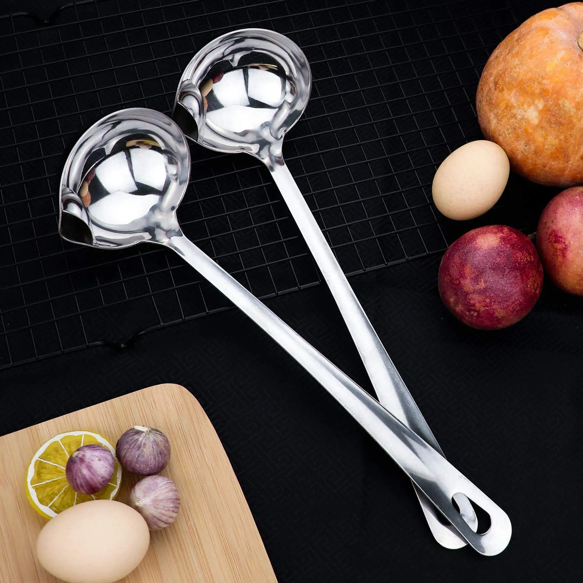 Private label wholesale oil separator soup ladle stainless steel cooking spoons with long handle kitchen soup dinner spoon