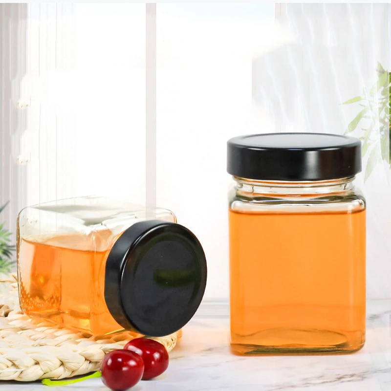 Square Honey Storage Bottles 200ml 280ml 380ml Jam Food Glass Jars For Sauce Honey Glass Jars With Deep Metal Lid