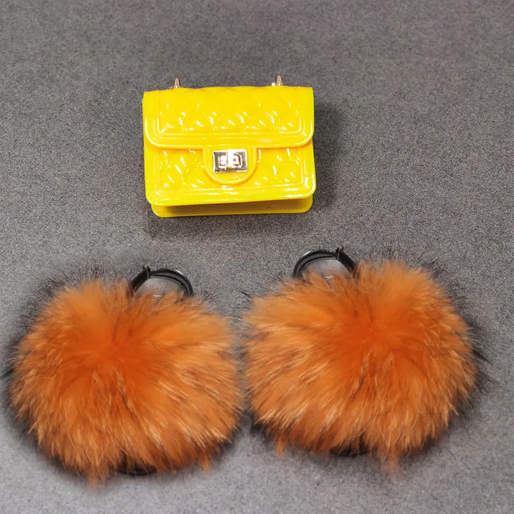 
Kids Fur Slippers Jelly Bag Purse Set Fluffy Fur Slides Handbag with Slides Real Fox Fur Slides Children Shoulder Bag Wholesale 