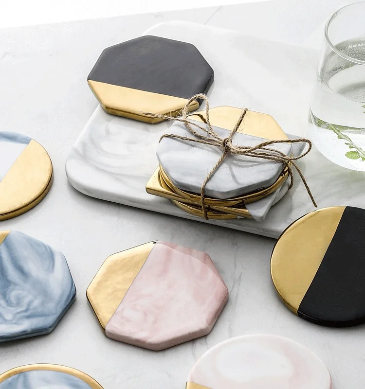 Customized Logo Square Round Coasters Cork Base for Bar Drink Home Deco with Gold Rim Ceramic Marble Coaster