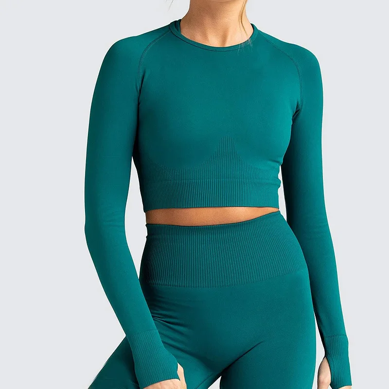 
2021 Woman Crop Top long sleeve Ribbed Set High Quality Long Leggings Seamless Yoga Suit 