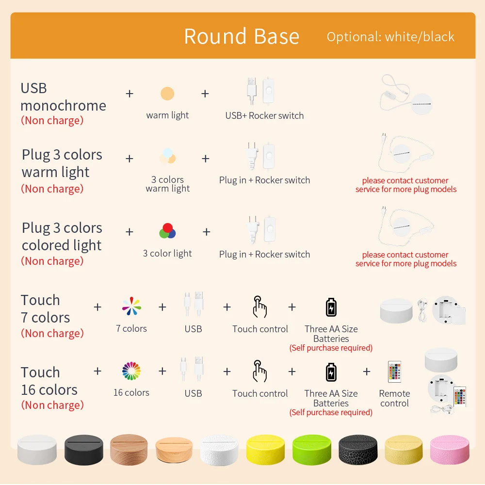 LED Lamp Bases for 3D Led Night Light ABS Acrylic Black Touch Base with USB Cable and Remote