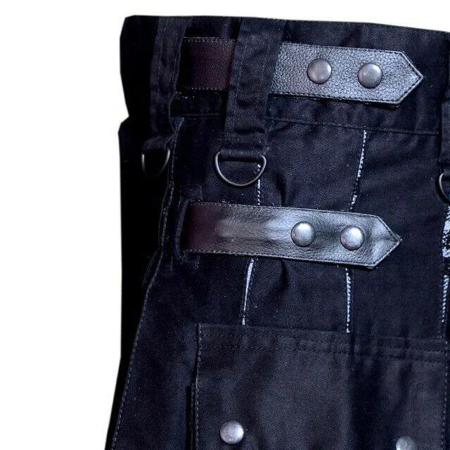 Men Scottish Hybrid Utility Kilt Leather Straps Cotton  Grey wash Tartan Pipe Band Uniform Wool Cloth Tartan Piper Kilt