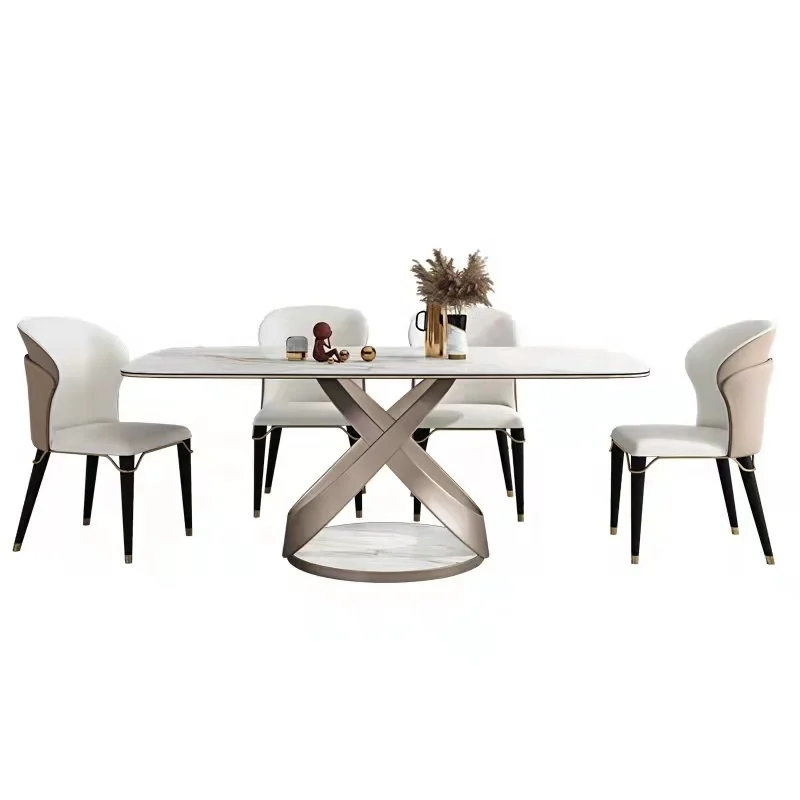 Luxury Stainless Steel Leg Dining Table With Chairs Modern Luxury Marble Stone Top Metal Dining Tables Set DTC018