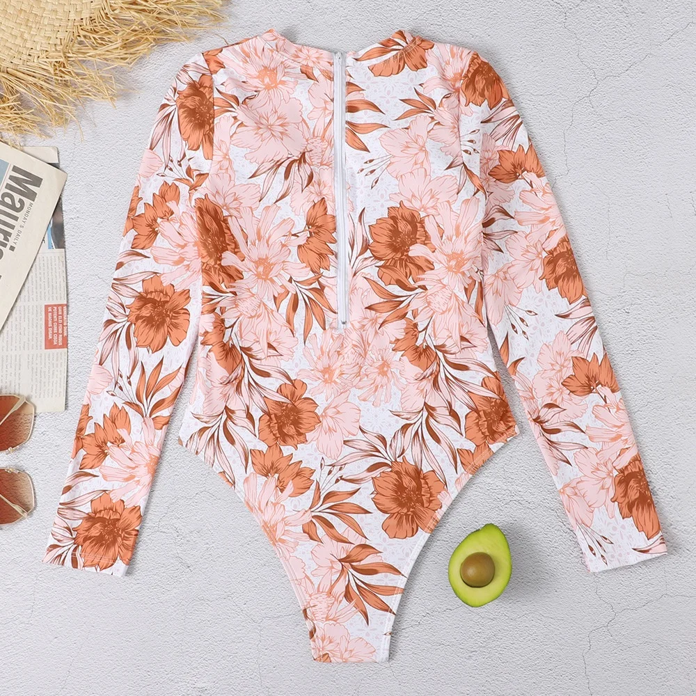 New Design Anti UV Sexy Swimming Surfing  Swimwear Printed Long Sleeve One Piece Women Beautiful Rash Guard