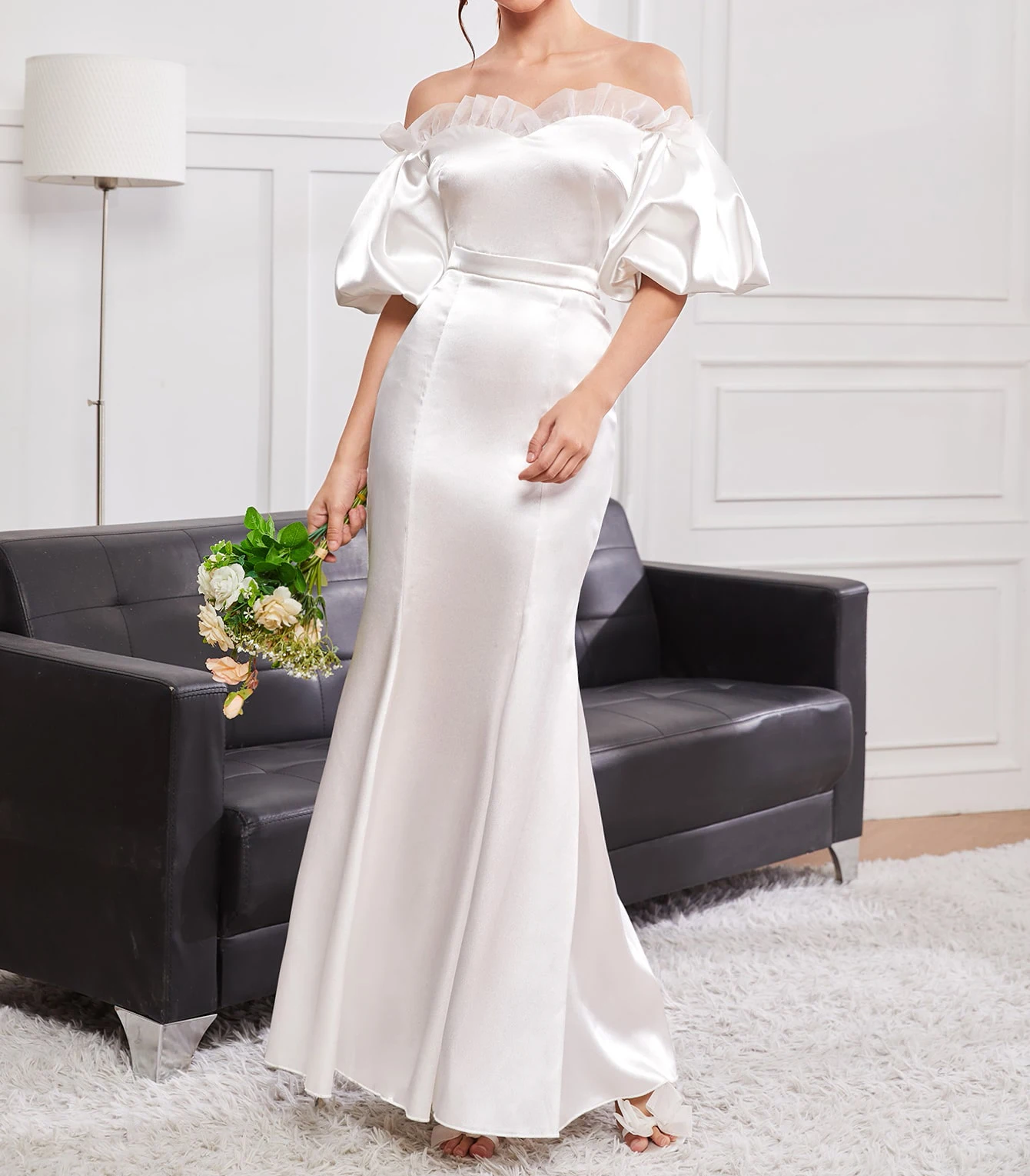 OEM Custom Women Off The Shoulder Lantern Short Sleeve Ruffle Details Fit and Flare Satin Maxi Dress