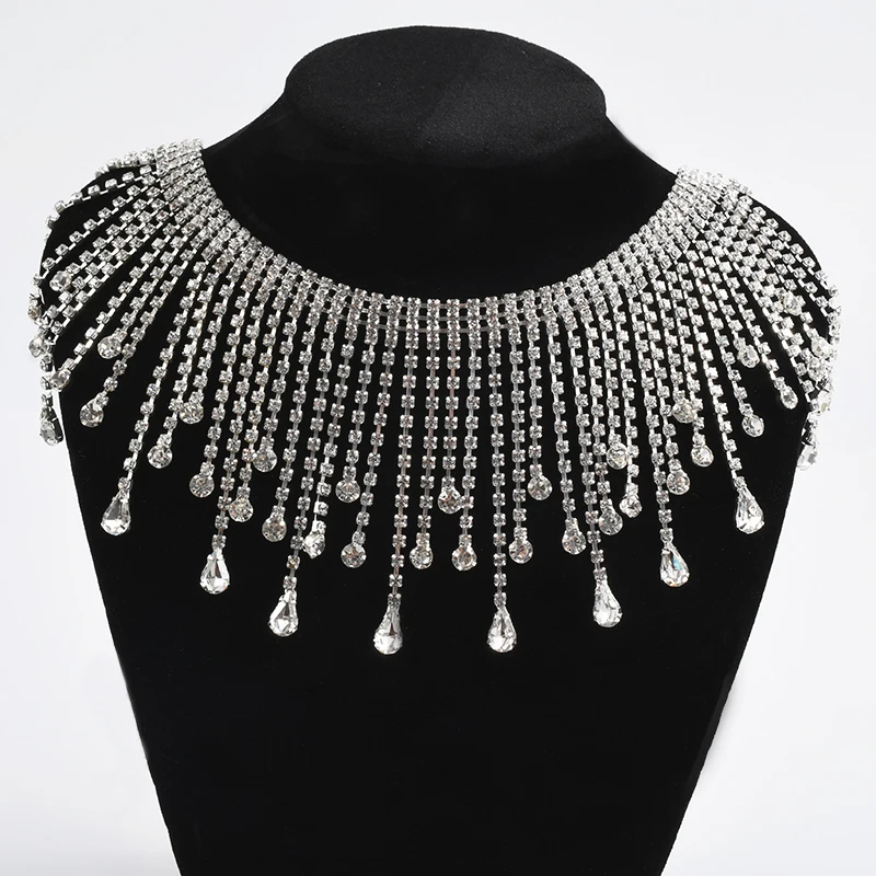 Wholesale 1 Yard Glitter Sewing Clothes Applique Strass Tassels Fringe Clear Crystal Drop Trim Glass Rhinestone Chain