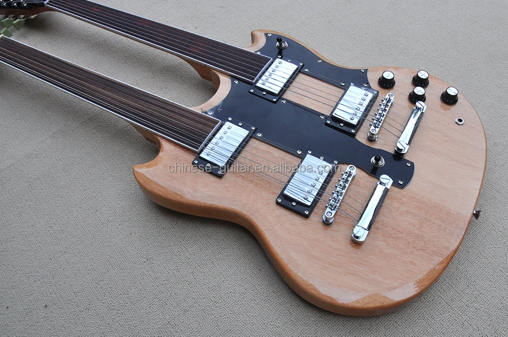 Flyoung Natural wood color Cheap Price Double Neck 6 + 12 Strings Electric Guitar Fretless Guitar