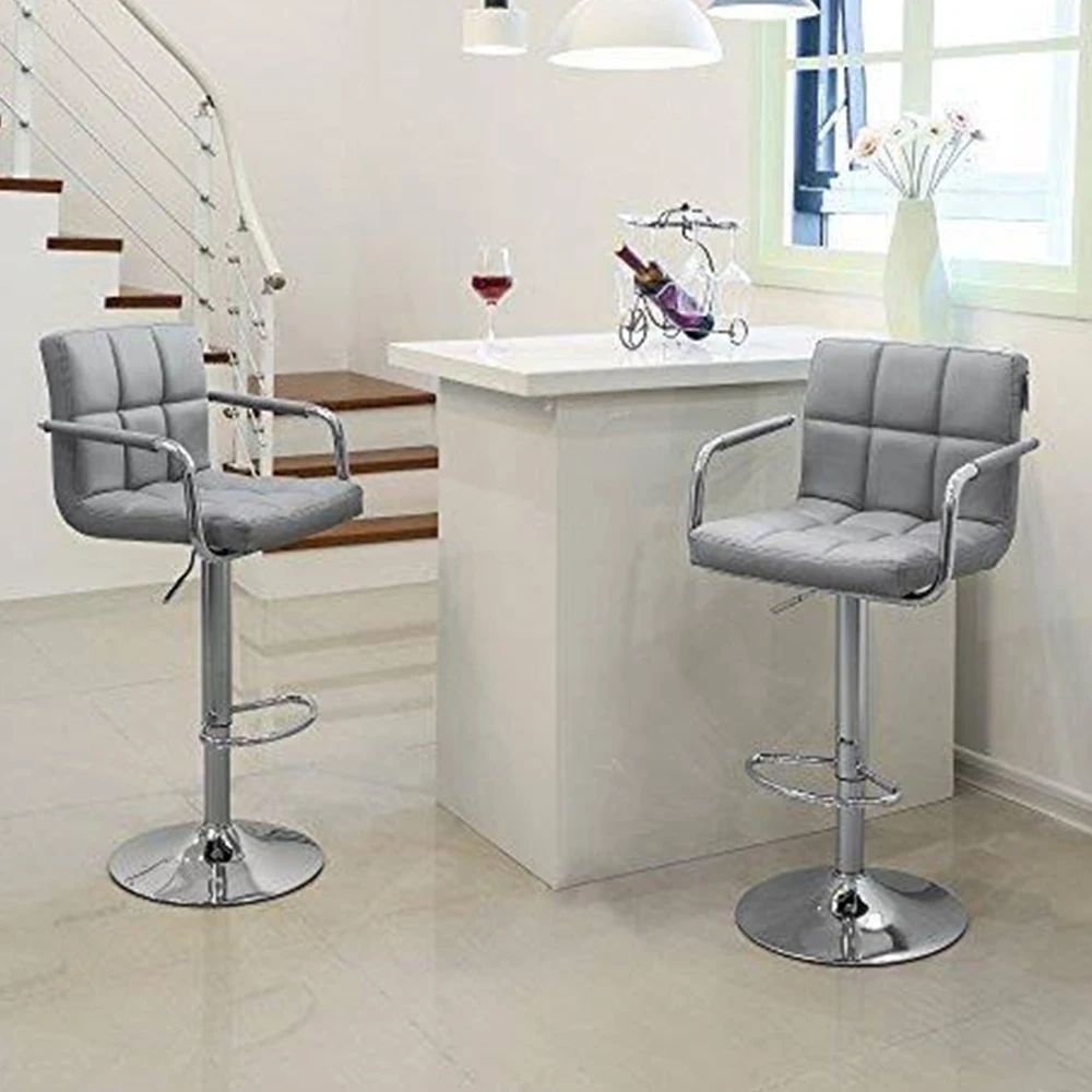 Square Back Gray Adjustable Bar Stool Chair With Armrest For Dining Room