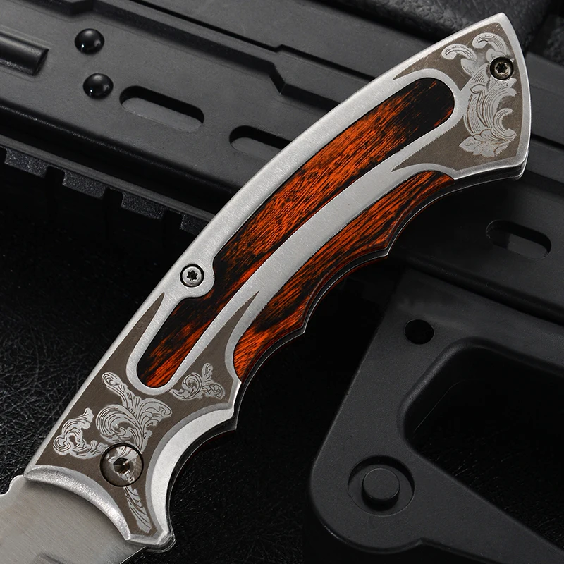 Free Sample Satin Polished Clip Point Hunting Color Wood Handle Folding Knife CNC Blade Skinning Knife Outdoor Camping Survival