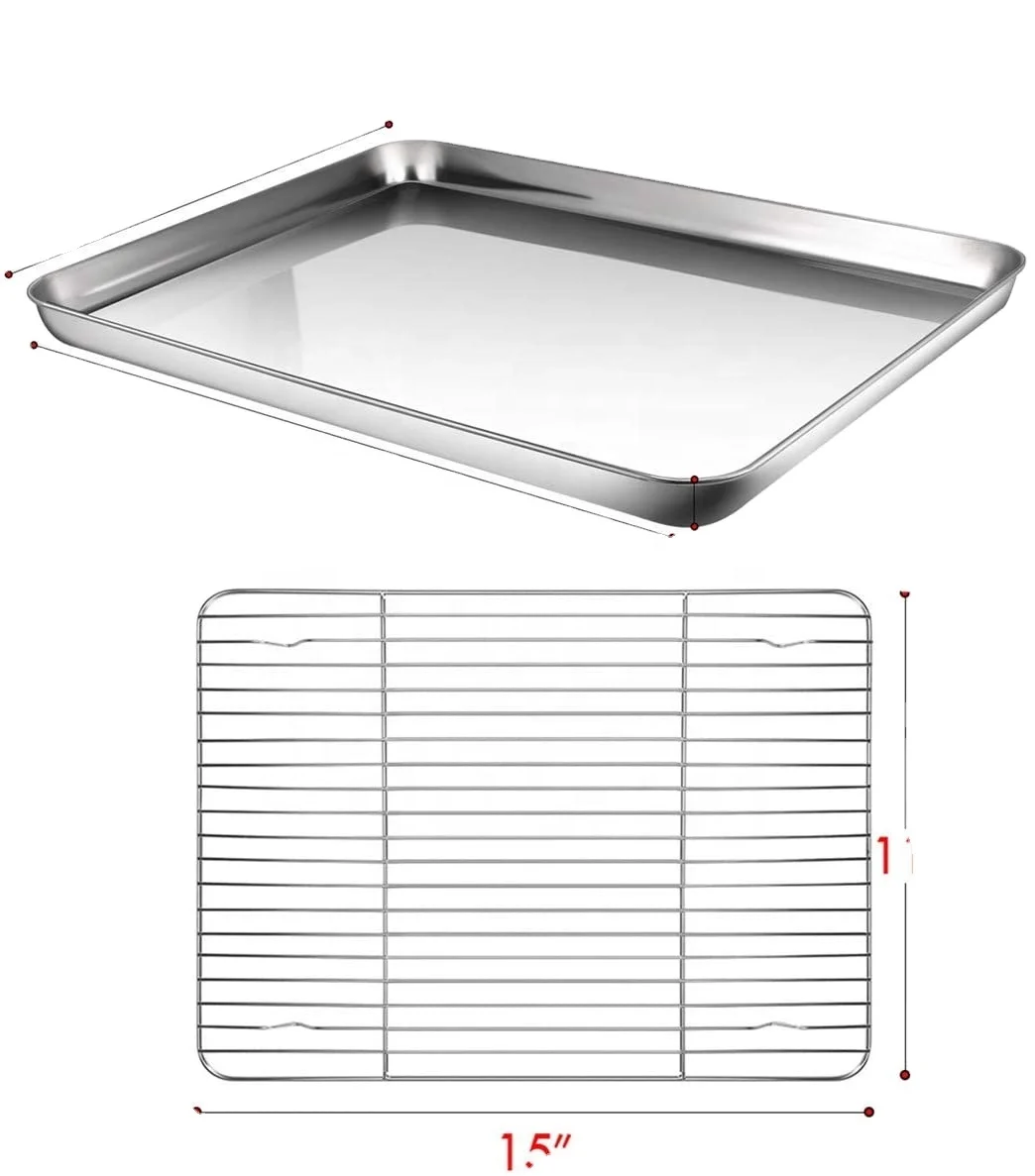 Mirror Finish & Rust Free, Easy Clean &High temperature resistance, 2 Baking & Cookie Stainless Steel Sheet with 1 rack
