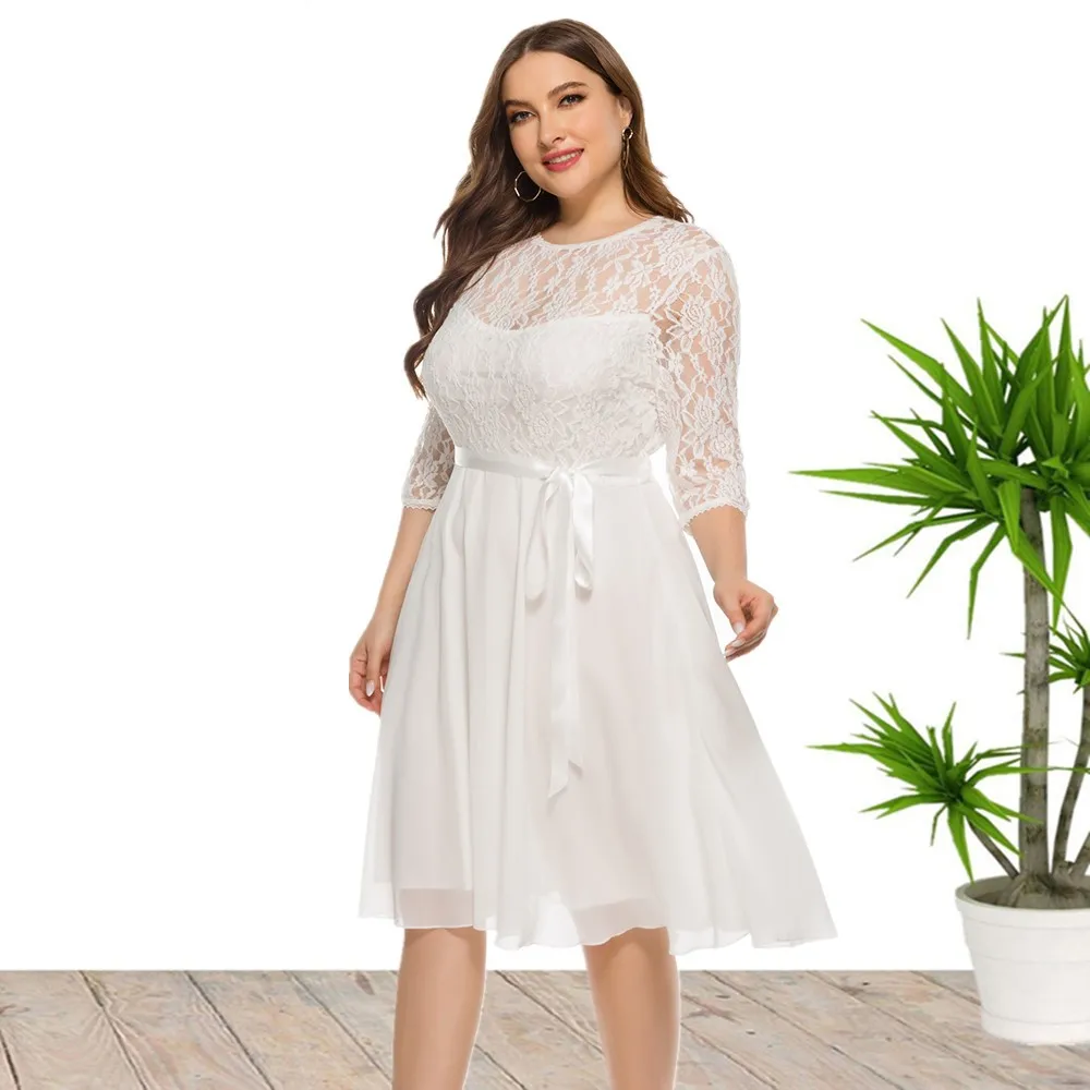 New Design Plus Size Lace Chiffon Stitching Skirts Prom Gown Bridesmaids Solid Color White Evening Dress For Women