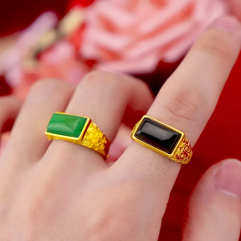 Dropshipping Fashion 14k Gold Ring Men Adjustable Ring Gold Anniversary Jewelry with Big Stone Emerald Ring Gemstone  HOYON