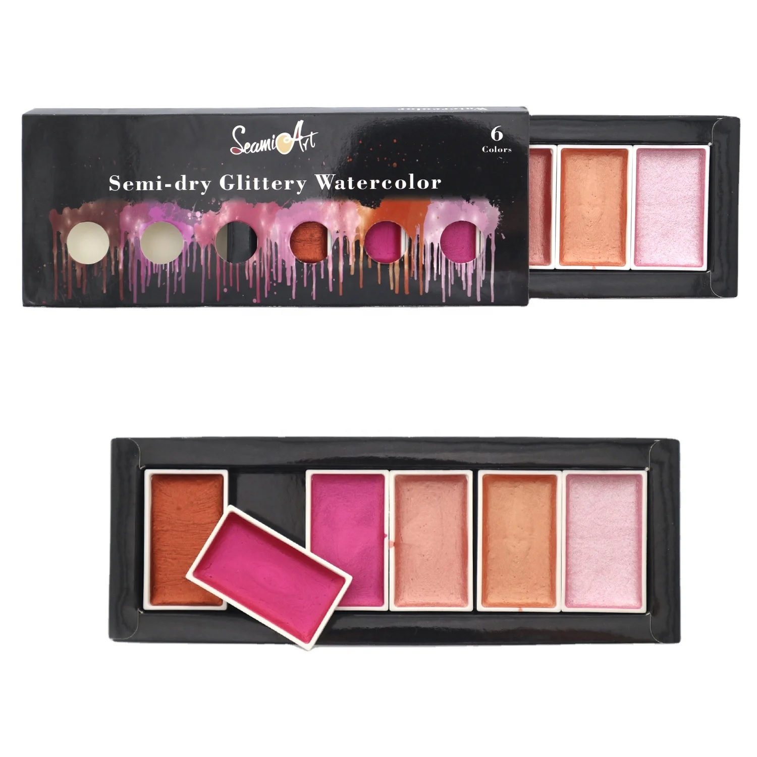 SeamiArt 6 Colors water colour Semi-dry glitter metallic artist portable watercolor pearlescent paint Set acuarelas aquarela